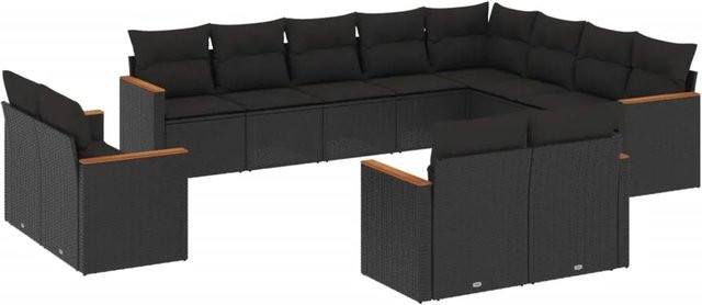 vidaXL 12-tlg. Garten-Sofagarnitur in L-Form aus Polyrattan und Akazienholz mit Kissen, Schwarz - Bild 1