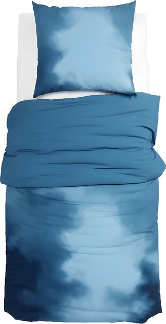 Reversible Wendebettwäsche aus Baumwoll-Satin mit Wolken-Design in Petrol und Blau, 100% Baumwolle, atmungsaktiv, für Sommer und Winter, Kissenbezug 80x80 cm - Bild 1