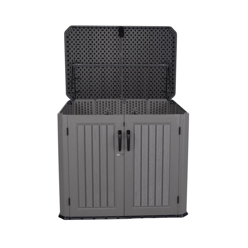Lifetime Mülltonnenbox und Geräteschrank Phil aus Kunststoff in Grau mit Holzoptik, B/T/H: 146 x 94 x 128 cm - Bild 2