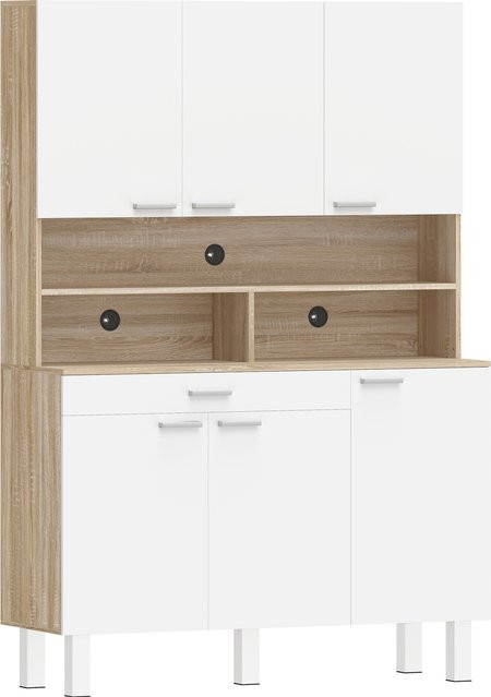 HOMCOM Küchen-Hochschrank in Weiß und Natur mit 6 Türen, Regalen und großer Schublade, B/T/H: 120 x 40 x 175 cm - Bild 1