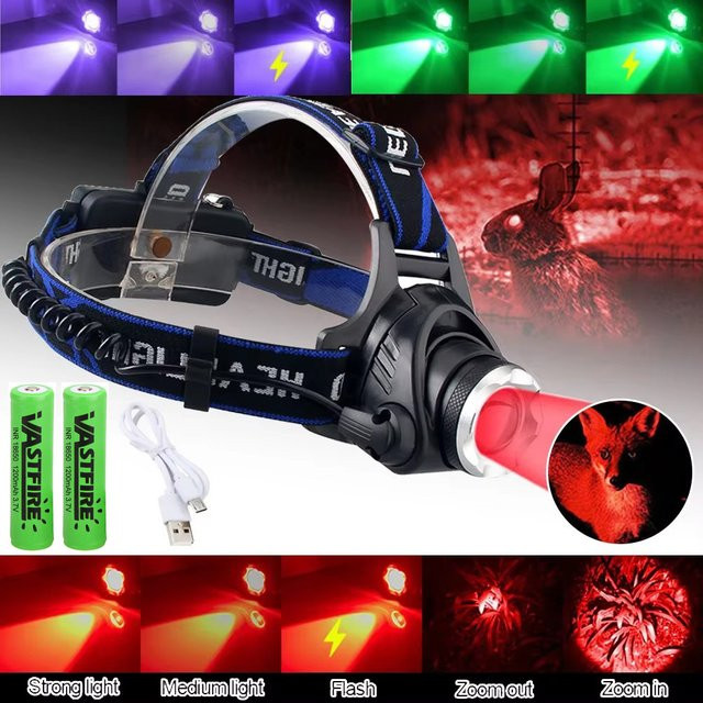 VASTFIRE LED Stirnlampe mit Rot- und Grünlicht für Outdoor, Camping und Jagd, Schwarz - Bild 1