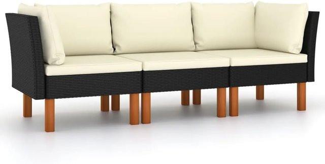 vidaXL 3-Sitzer-Gartensofa aus Poly Rattan und Eukalyptusholz mit Polsterung in Schwarz - Bild 1