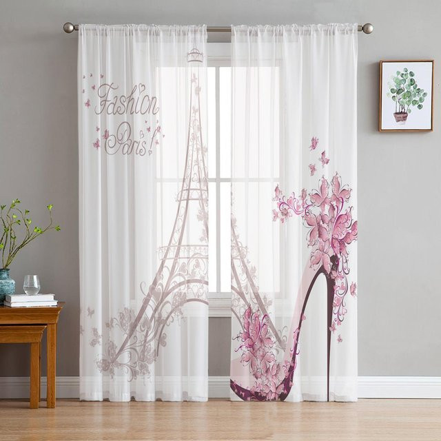 Yiran Furniture Transparent Voile Tüll Vorhang mit Paris Architektur Motiv in Weiß, Breite: 135 cm, Höhe: 115 cm - Bild 1