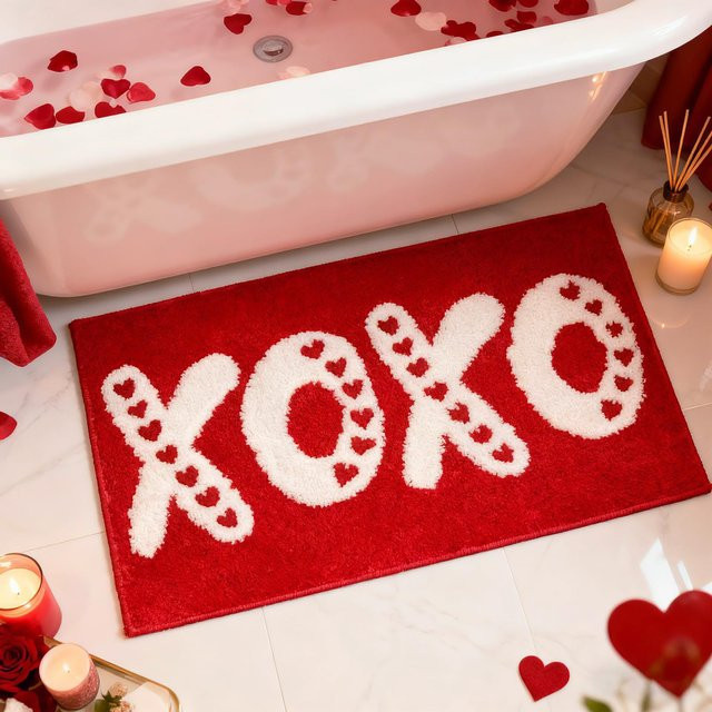 VIKAMA Badezimmerteppich Valentinstag in Rot mit XOXO Love Heart Design, rutschfest und saugfähig, B/T: 60 x 40 cm - Bild 1