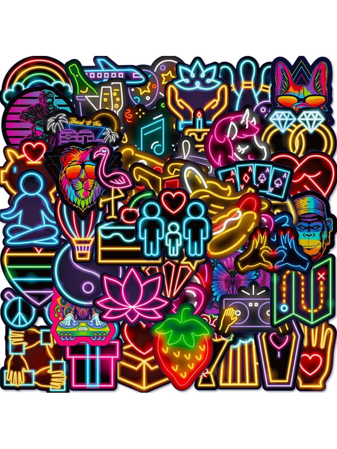 50 Stück Neonlicht-Aufkleber mit Cartoon-Graffiti Motiven in Multicolour von Anime Worlds Store für Autos, Laptops und Skateboards - Bild 4