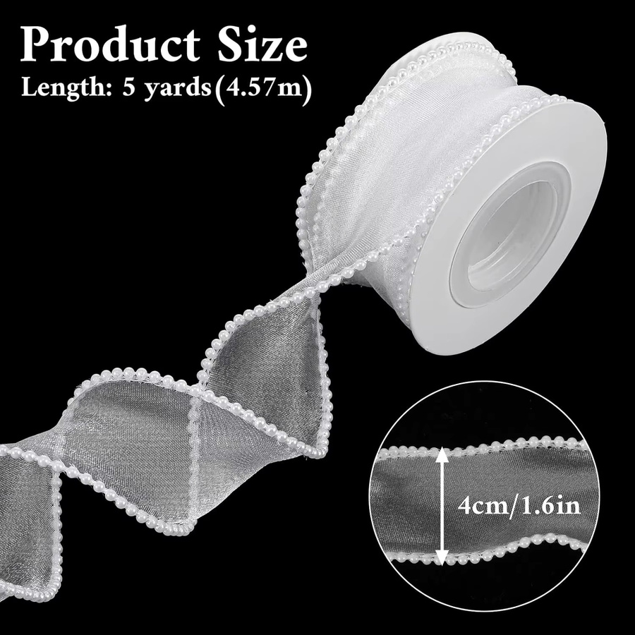 Transparentes Organzaband mit Perlenrand in Weiß, Breite: 4 cm, Länge: 4,5 m - Bild 3
