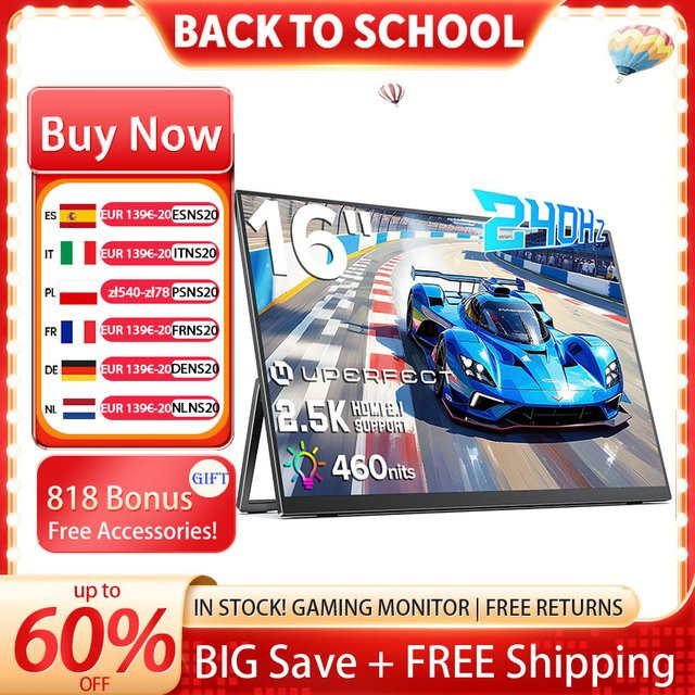 UPERFECT Tragbarer Monitor 16 Zoll 2.5K QHD 240Hz Gaming Display in Schwarz mit USB-C und HDMI für Laptop, PC und Spielkonsolen inklusive Standfuß und Lautsprechern - Bild 1