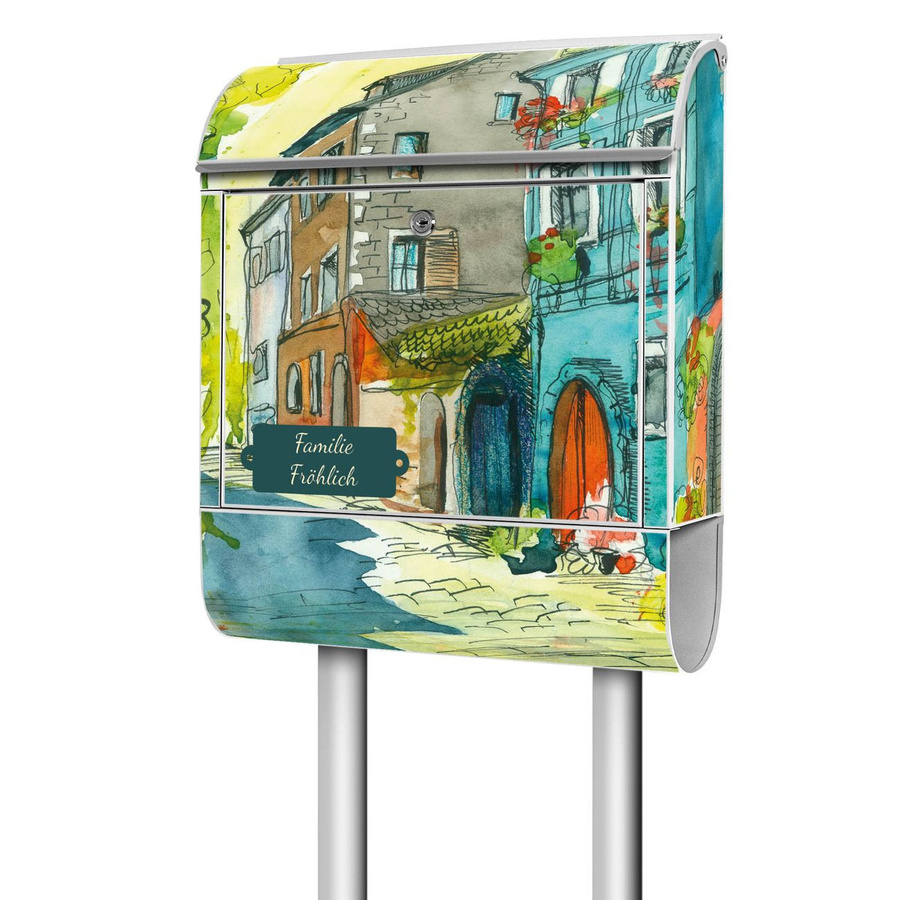 banjado Standbriefkasten groß mit Motiv Historischer Stadtkern, weiß/mehrfarbig, aus Stahl, inkl. Zeitungsfach, H x B x T: 161,5 x 38 x 16 cm - Bild 1