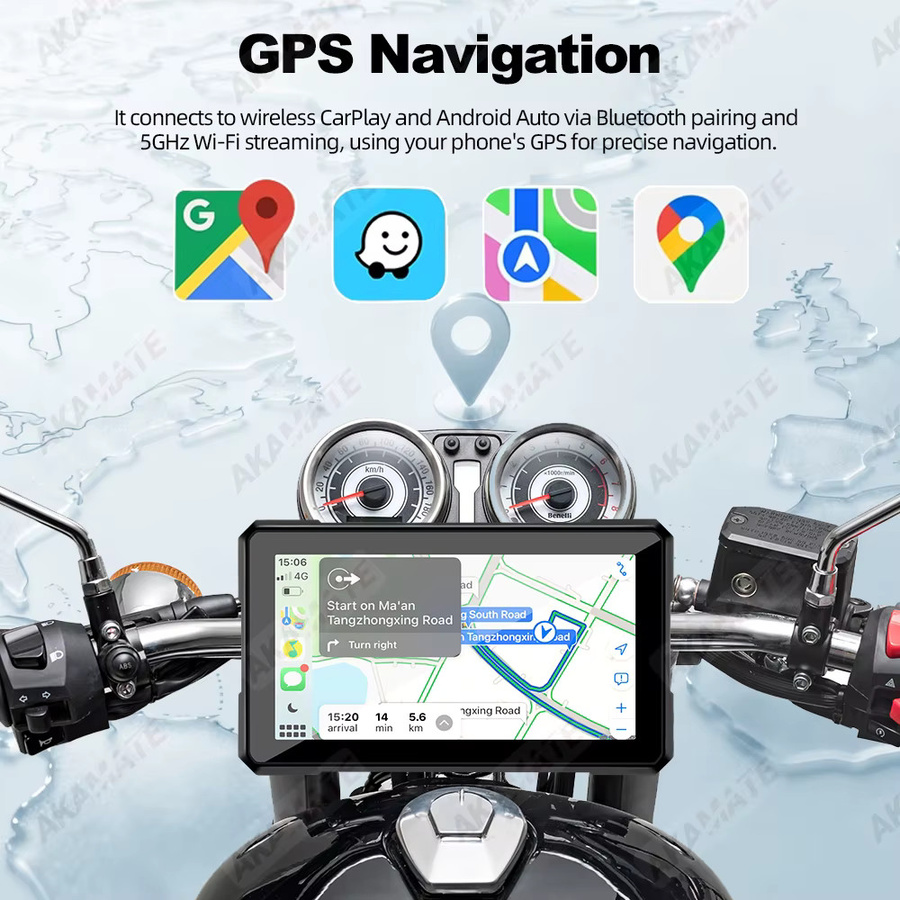AKAMATE Tragbarer 5 Zoll Motorrad CarPlay und Android Auto Monitor, Wasserdichtes Bluetooth Dashboard Display in Schwarz - Bild 4