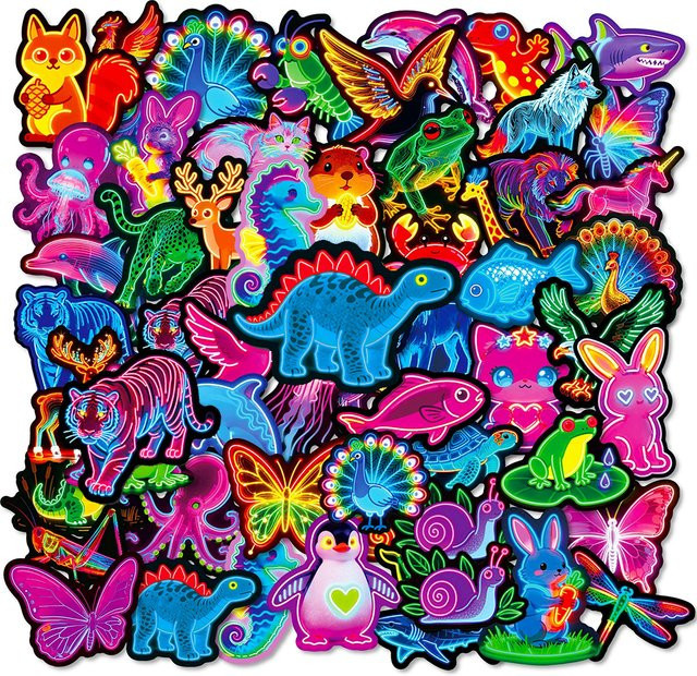 Rspctou Cartoon Neon Tier Aufkleber Set in Bunt mit Katze, Kaninchen und Eichhörnchen zur Dekoration von Telefon, Koffer und Sammelalben, 56 Stück - Bild 1
