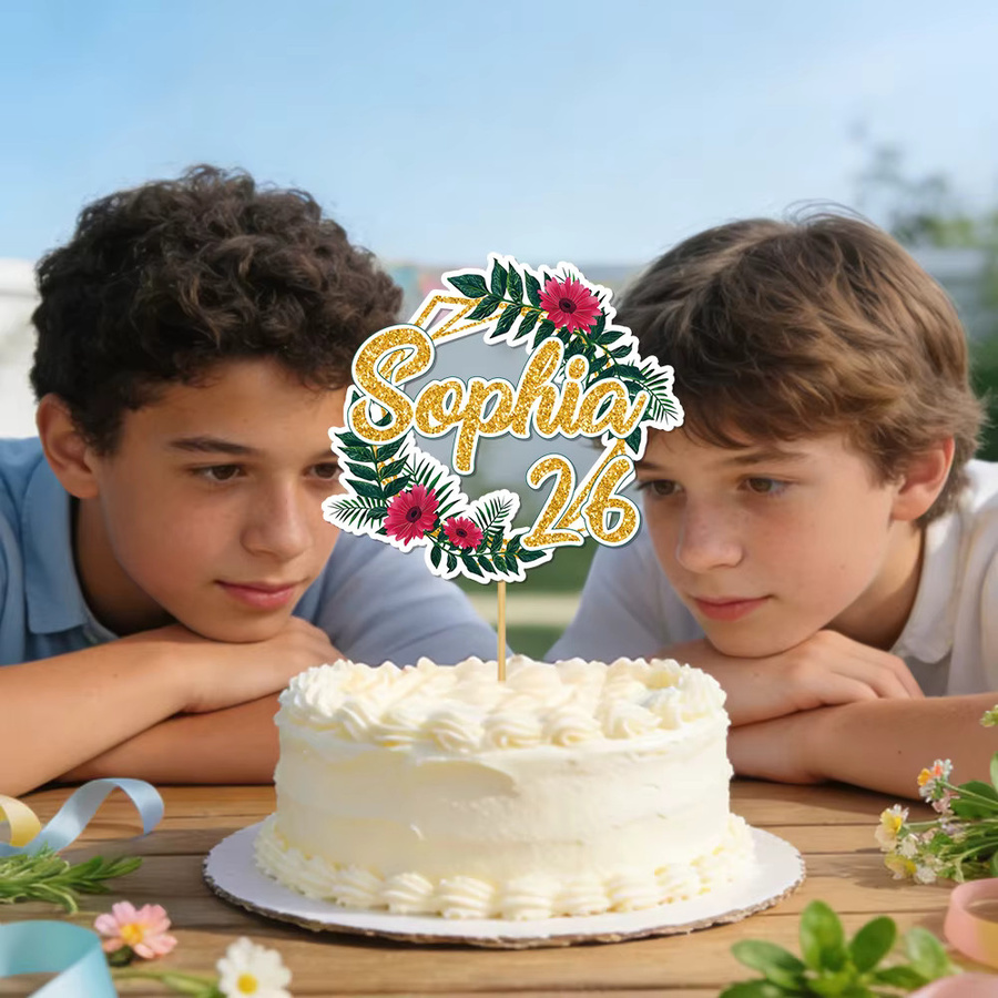 Personalisierte Sommer-Kuchendekoration von Cyuan mit Blumen und Grün, anpassbar mit Namen und Alter, bunt, aus Papier - Bild 2