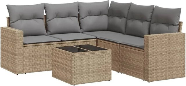 vidaXL 6-teilige Garten-Sofagarnitur in L-Form aus PE-Rattan mit Kissen in Beige und Grau - Bild 1