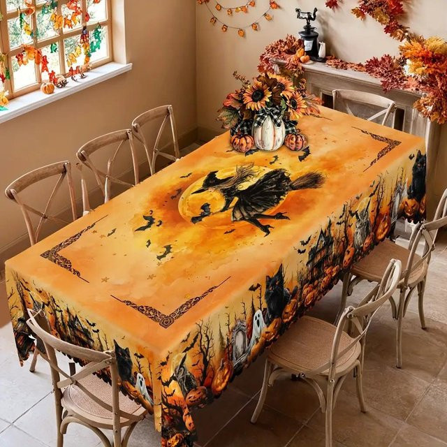 Rechteckige Halloween-Tischdecke mit Hexen-Motiv von JMG Household Supplies, Farbe: Orange, B/T: 160 x 100 cm - Bild 1