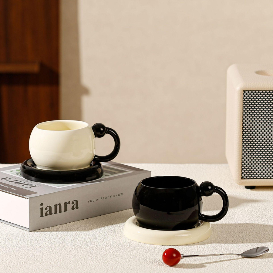 WJG Pretty B Kaffeetassen- und Untertassenset aus Keramik in Cremegelb, Schwarz, Silber und Weiß - Bild 2