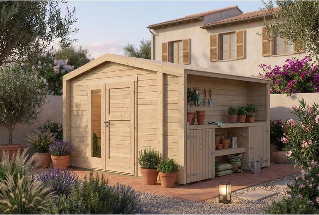 Weka Holz-Gartenhaus Killarney mit Satteldach in Natur Braun, B/T: 361 x 313 cm - Bild 1