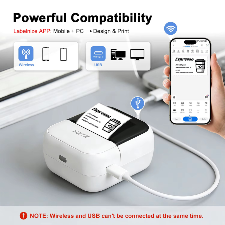 HZTZ Bluetooth Thermischer Etikettendrucker in Weiß für Tattoo-Transfer-Schablonen und Barcode-Aufkleber inklusive 30 Blatt Druckpapier - Bild 2