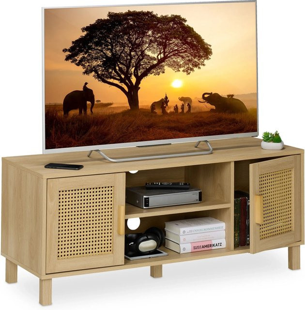 Relaxdays TV-Lowboard in Beige im Boho-Stil mit Rattan-Design aus MDF und Spanplatte, B/T/H: 115 x 40 x 48 cm - Bild 1