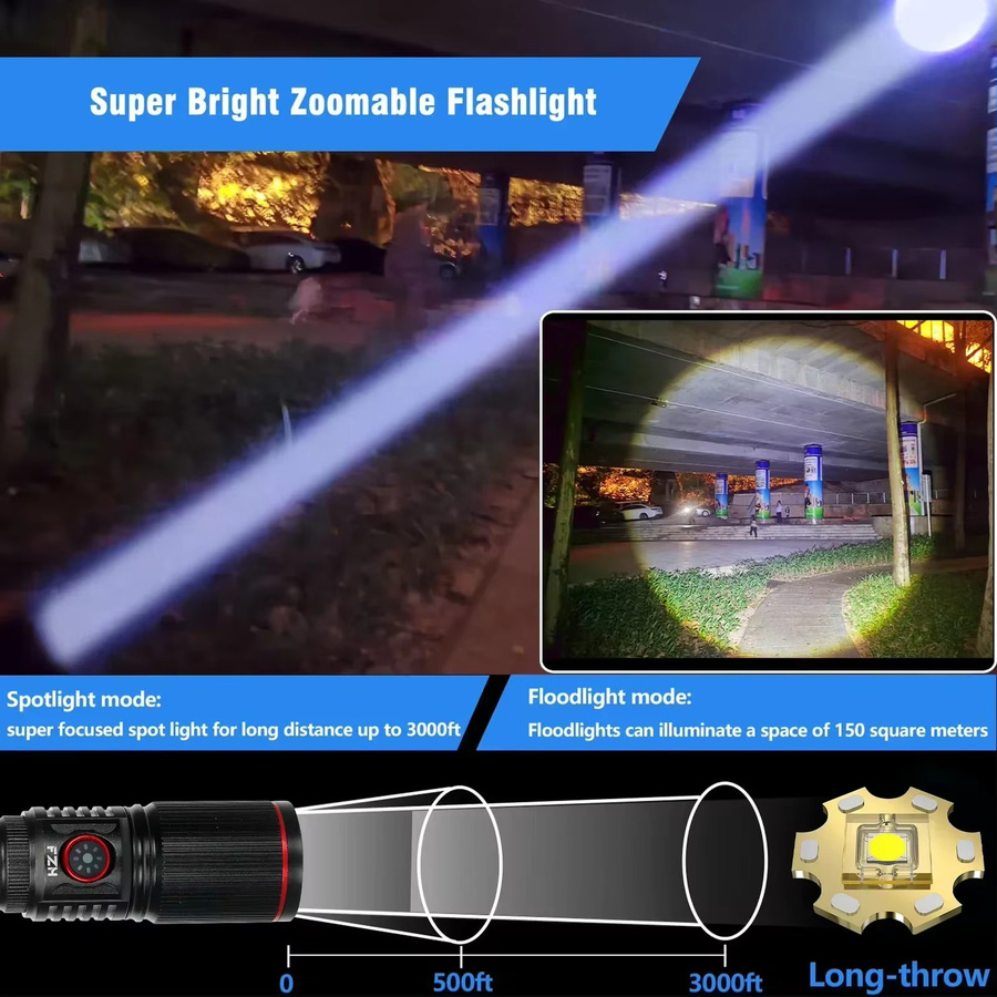 XIWANGFIRE LED Taschenlampe mit Zoom und USB-Aufladung, 30W, Weiß - Bild 2