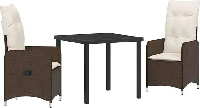 vidaXL Garten Essgruppe aus Poly Rattan in Braun mit Kissen, 3-teiliges Set mit rechteckigem Tisch und Stühlen für Garten, Balkon oder Terrasse - Bild 1