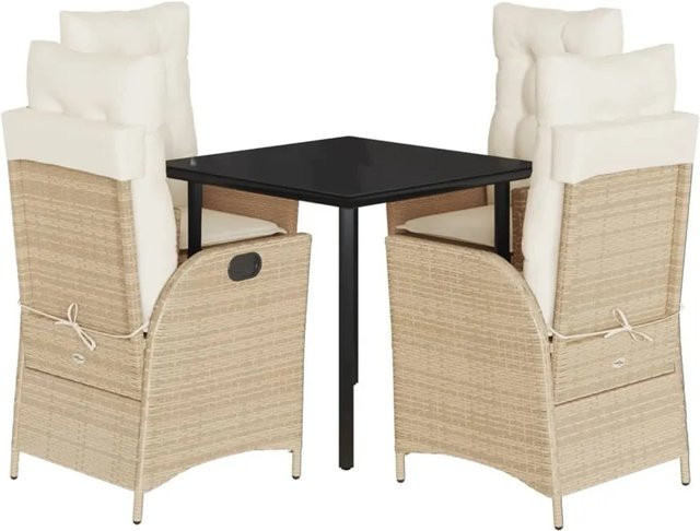 vidaXL 5-teilige Garten-Essgruppe aus Poly Rattan in Beige und Cremeweiß mit Kissen und Tisch aus gehärtetem Glas - Bild 1