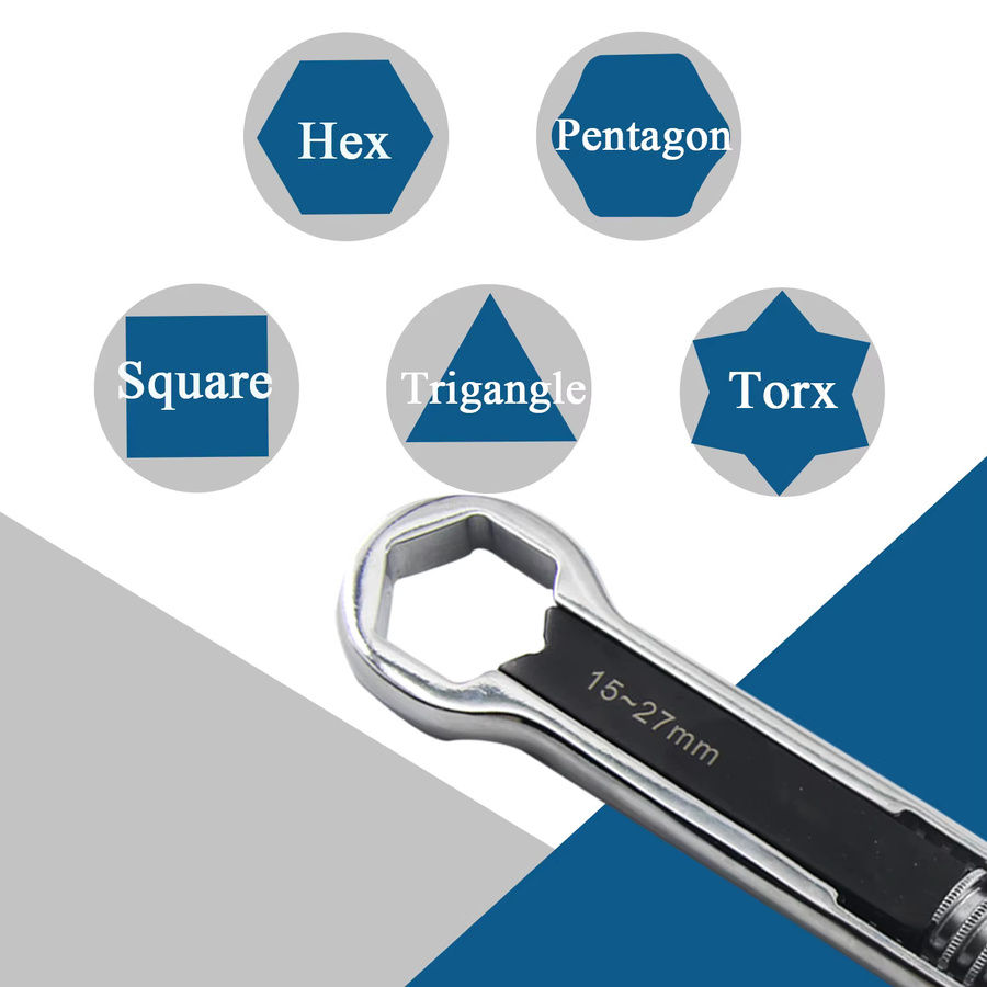MacWork Multifunktionaler doppelköpfiger Ringschlüssel in Silber mit versetztem Kasten-Endschlüssel für 5 mm, 15 mm und 27 mm - Bild 2