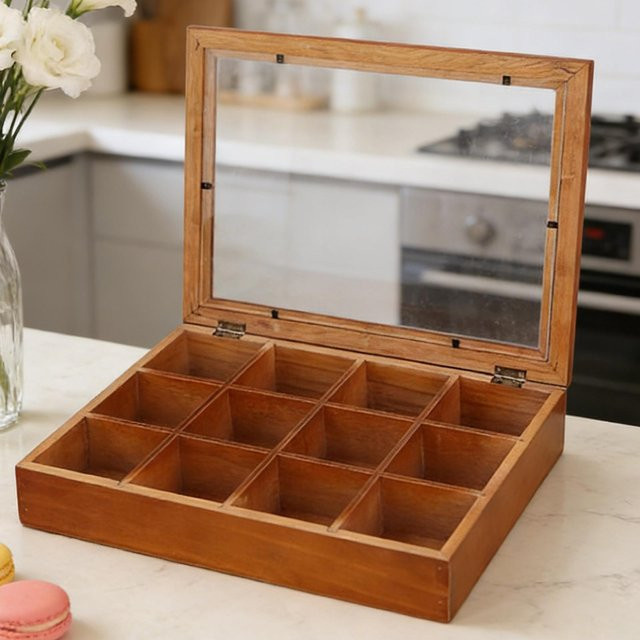 Teebeutel-Aufbewahrungsbox aus Holz mit 12 Fächern und transparentem Deckel in Braun - Bild 1