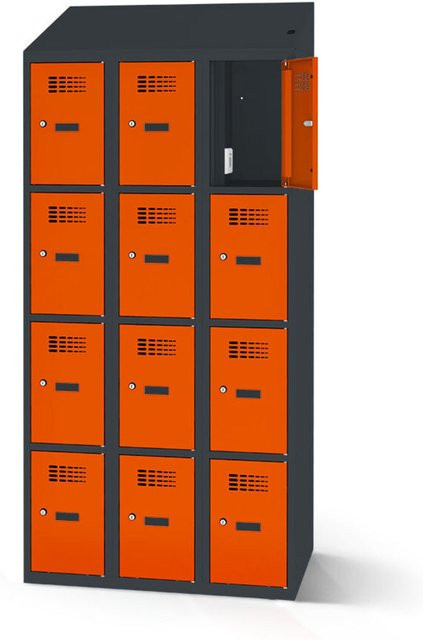 rotstahl Fächerschrank mit Ladefunktion in Orange und anthrazitgrauem Korpus, 12 Fächer (3x4), Breite: 120 cm, Höhe: 200 cm - Bild 1