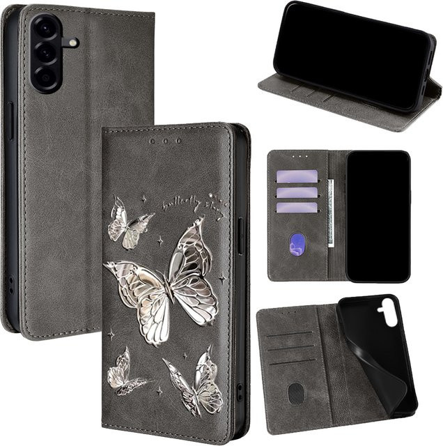 Samsung Handyhülle aus Leder mit Schmetterlingsmuster für Galaxy S25 Ultra, S25 FE, S24, S23, S22 Plus, A56, A36, A26, A17, A07 in Blau und Grau - Bild 1