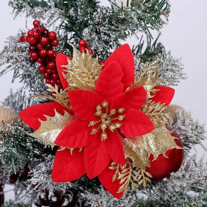 Mreey Glitzernde künstliche Weihnachtsblumen als Weihnachtsbaumdekoration in Gold, Höhe: 14,5 cm - Bild 2