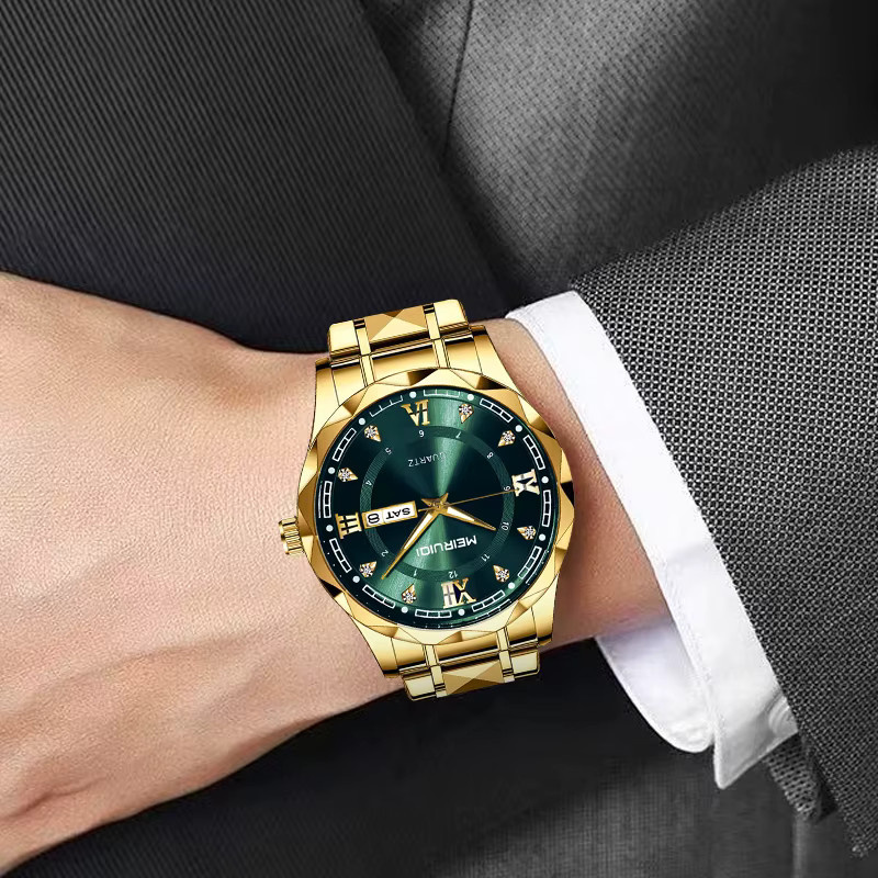 MEIRUIQI Armbanduhr Quarz, Edelstahl, Gold, Grün, Herren - Bild 5