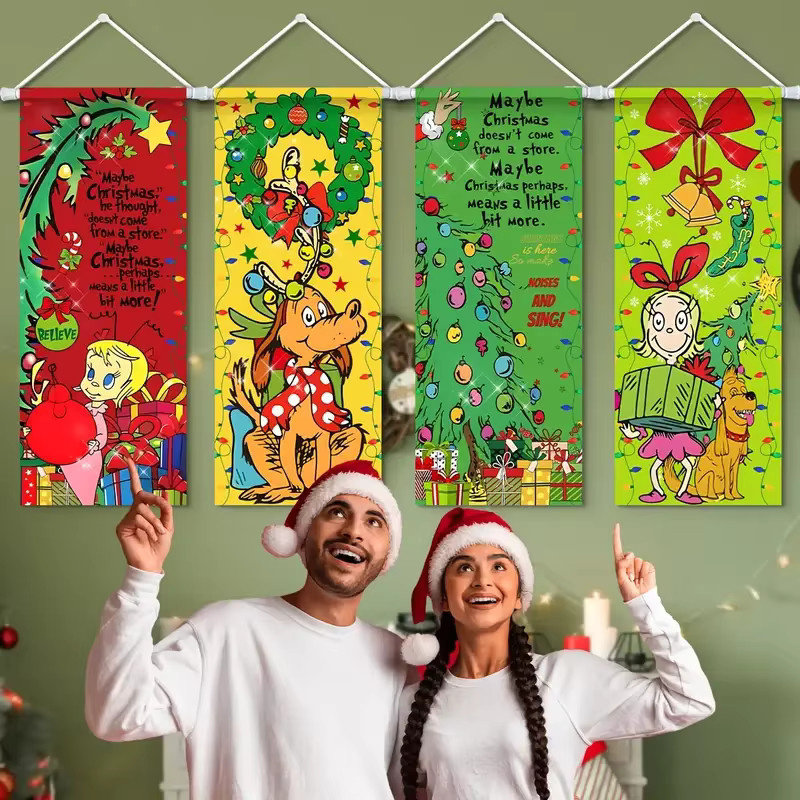 VIKAMA 4er Set Willkommen bei Whoville Weihnachtsbanner, mehrfarbige Textil-Wimpel für deine Weihnachtsdekoration und festliche Partys - Bild 3