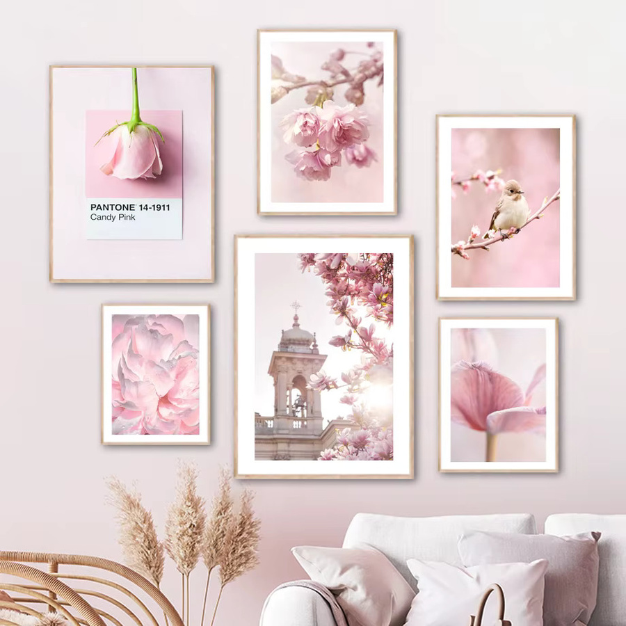 Potdemiel Leinwandgemälde mit Frühlingsblumen und Vögeln in Rosa, Rahmenloses Wandbild mit Rosen, Pfingstrosen und Spatzen - Bild 1