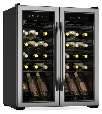 Klarstein Vinamour Weinkühlschrank mit 2 Zonen, 36 Flaschen, 5-18 °C, Touch-Steuerung, LED-Beleuchtung, freistehend, UV-Schutz, Edelstahl Doppeltür