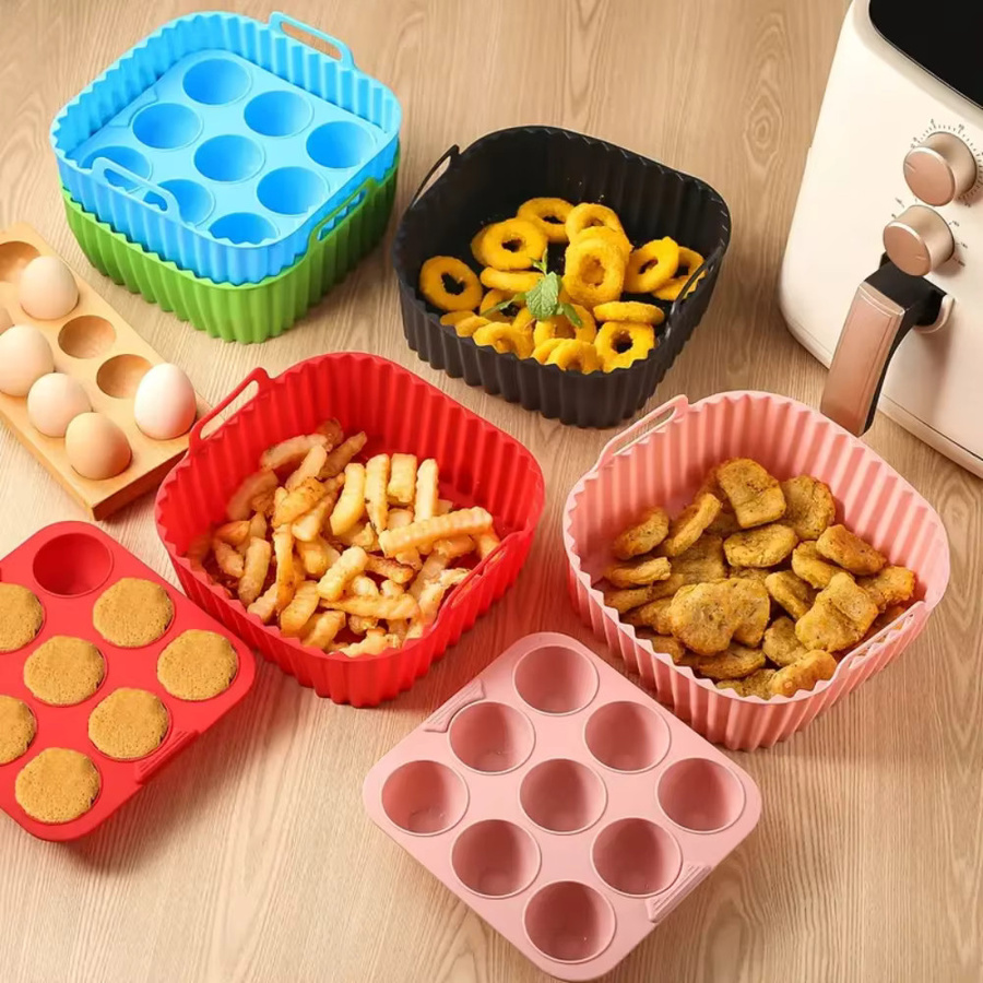 2-teiliges quadratisches Silikon-Set für Heißluftfritteusen, lebensmittelechtes Zubehör zum Backen und für Muffin-Formen, Schwarz - Bild 5