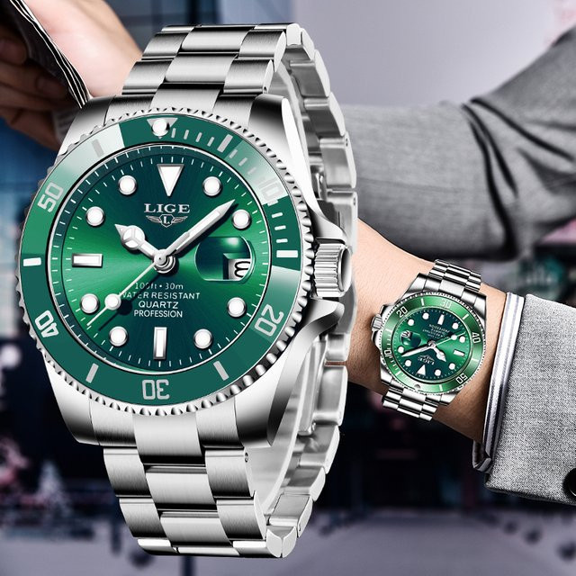 LIGE Armbanduhr Quarz, Edelstahl, Silber, Grün, Herren - Bild 1