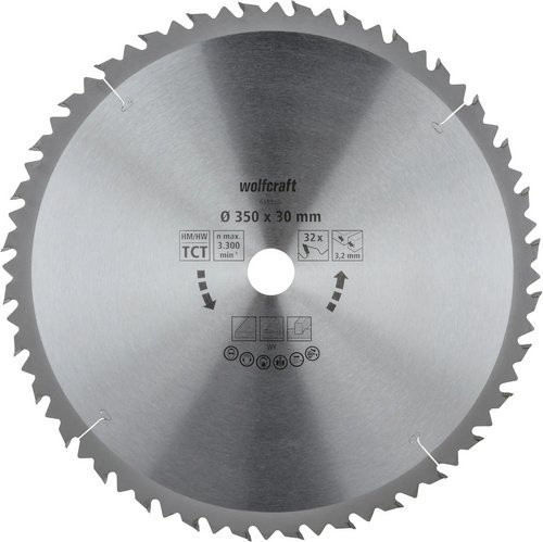 Wolfcraft Kreissägeblatt für Tischsägen mit 32 Zähnen, Carbide-Tipped, Durchmesser: 350 mm, Farbe: Silber - Bild 1