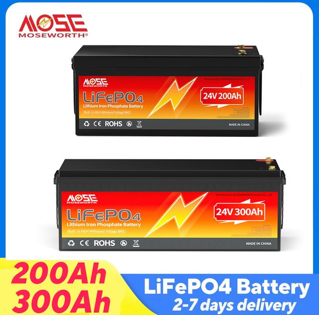 MOSEWORTH LiFePO4 Lithium Batterie 24V 200Ah 300Ah Deep Cycle mit integriertem 200A BMS in Schwarz - Bild 1