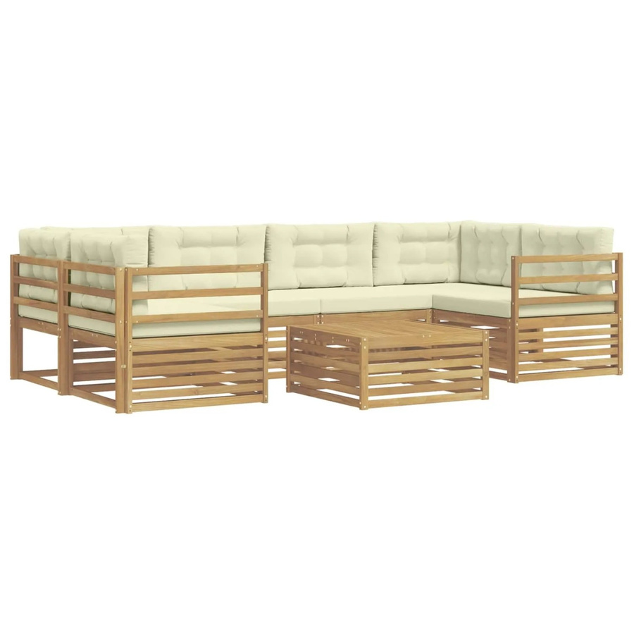 vidaXL Outdoor-Sofagarnitur in L-Form aus Akazienholz mit 7 Kissen in Weiß und Beige aus UV-beständigem Polyester - Bild 2