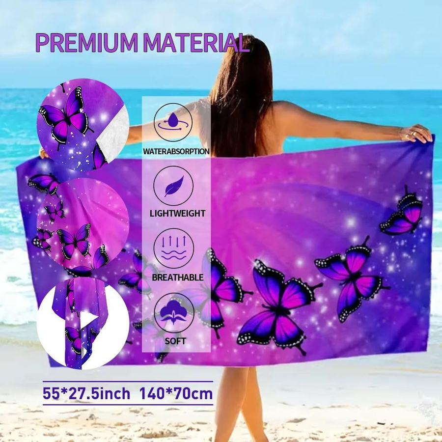 Lila Mikrofaser-Strandtuch mit Schmetterlingsdruck, sandfest und schnelltrocknend, B: 40 cm, H: 60 cm - Bild 2