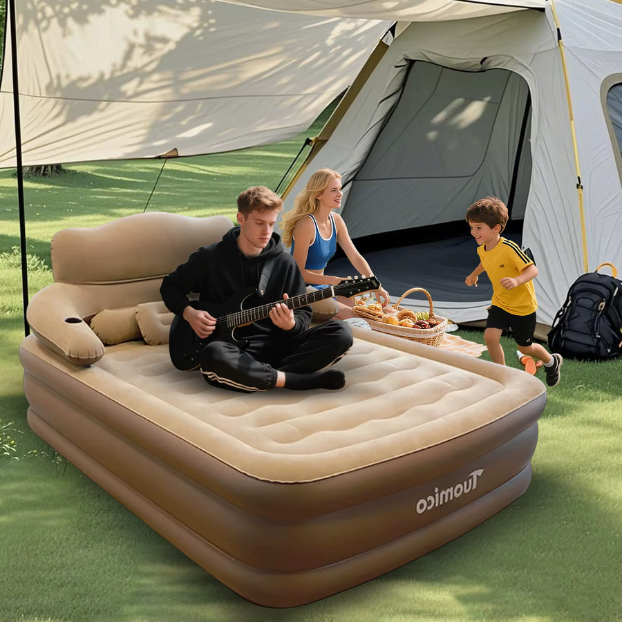 Tragbares Luftkissenbett mit Kopfteil in Beige, aufblasbare Matratze für Camping und Zuhause, B/T: 150 x 200 cm - Bild 4
