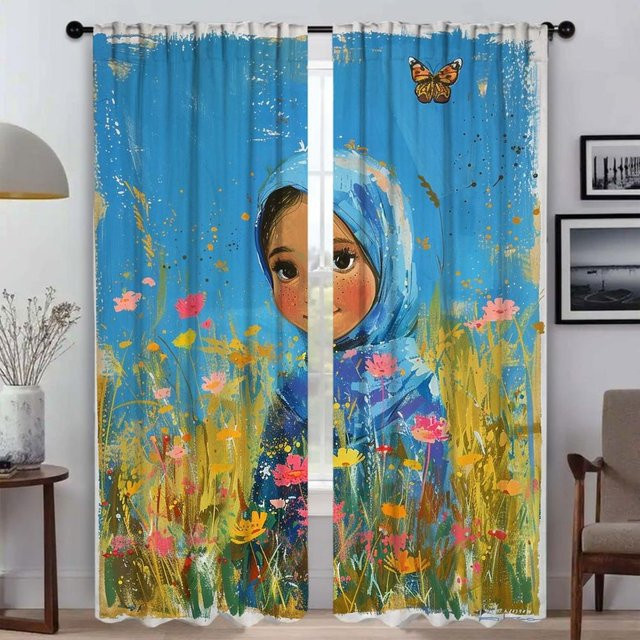 2er-Set Verdunkelungsvorhänge Das Mädchen und der Schmetterling aus Tüll in Blau für Wohnzimmer und Schlafzimmer, B: 50 cm, H: 70 cm - Bild 1