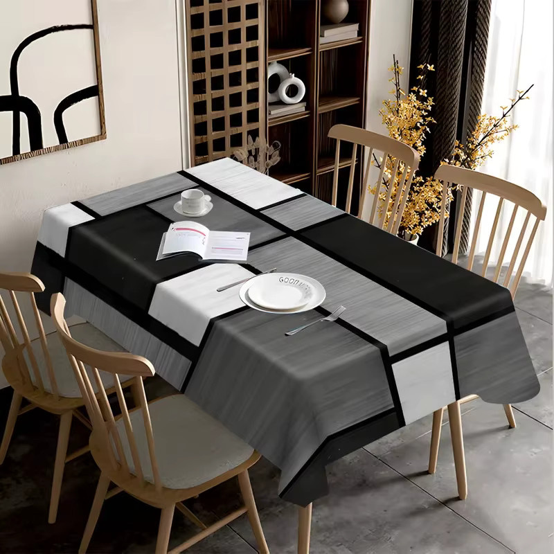 VIKAMA Moderne geometrische Tischdecke in Schwarz-Weiß-Grau für rechteckige Esstische - Bild 2