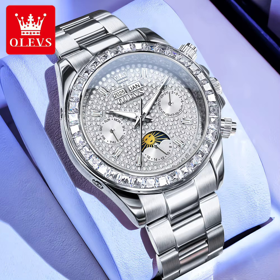 OLEVS Armbanduhr, Automatik, Gold, Edelstahl, Diamant, Mondphase, Herren - Bild 5