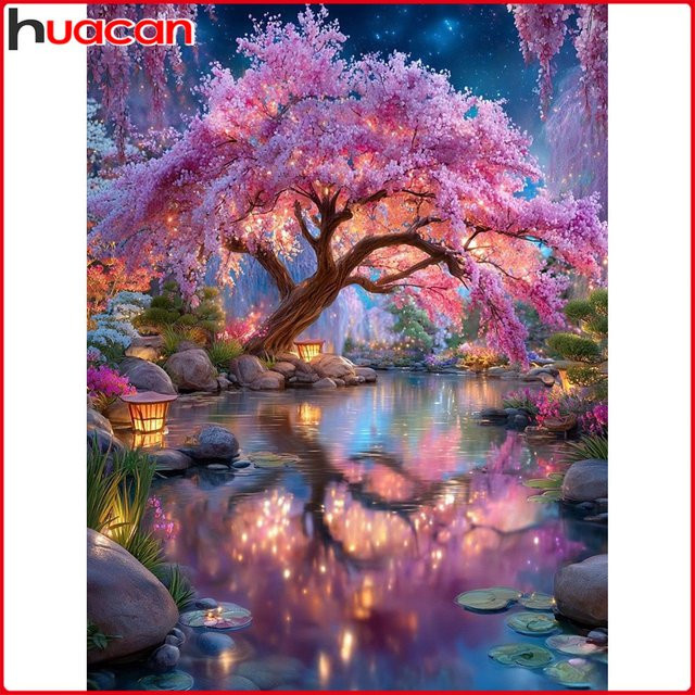 Huacan Diamantgemälde Landschaft mit Fluss und Baum als Dekorative Wandkunst mit Rundbohrern - Bild 1