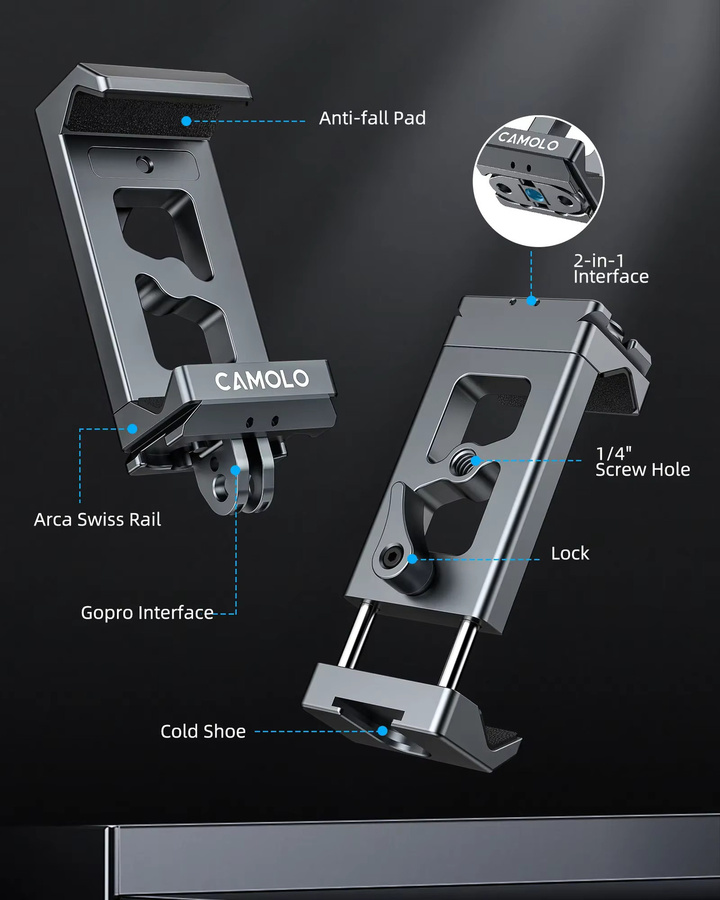 Comica Telefon-Clip-Halterung aus Metall mit Arca-Anschluss und Action-Kamera-Adapter für GoPro, iPhone und Samsung - Bild 2