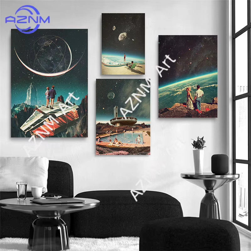 KAYOU Vintage Surreal Space Futurism Leinwandgemälde, abstrakte Galaxie Wandkunst in Multicolour - Bild 2