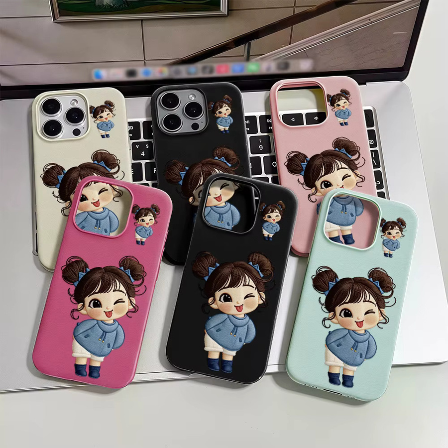 AKABEILA Handyhülle aus Leder und Silikon mit niedlichem Mädchen-Design für iPhone, stoßfest, Pink/Mehrfarbig - Bild 2