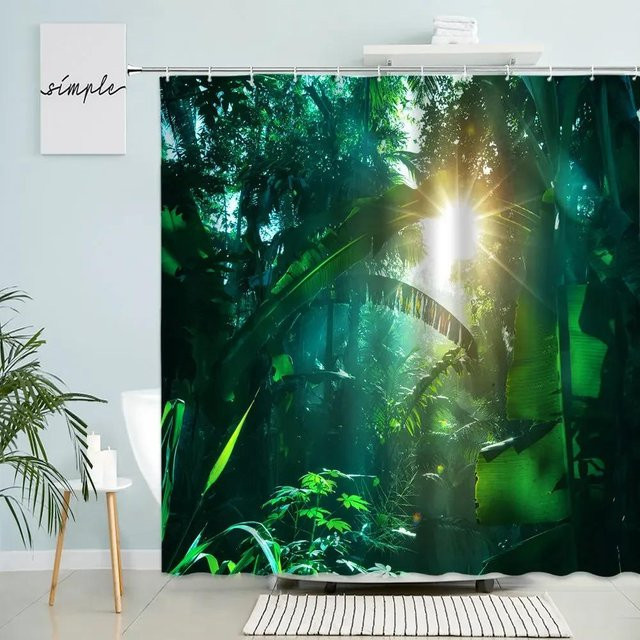 Wasserdichter Duschvorhang mit tropischem Dschungel-Design in Grün, Breite: 90 cm, Höhe: 180 cm - Bild 1