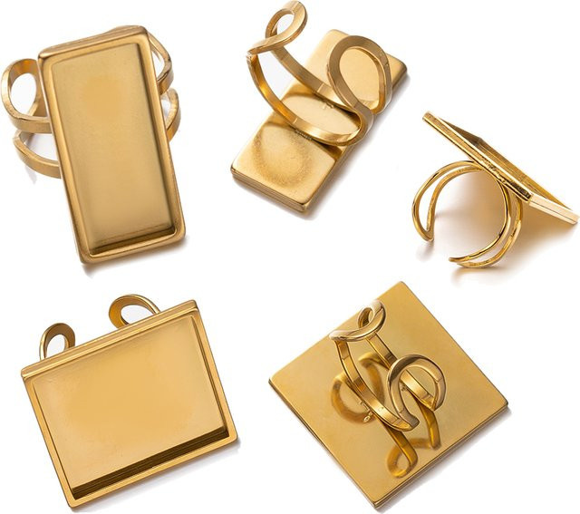 2 Stück Edelstahl Fingerrohlinge, Ring-Lünette, Gold, quadratisch, rechteckig - Bild 1