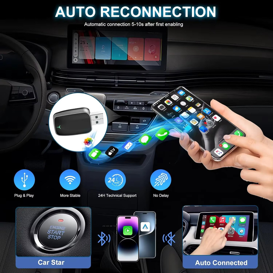 Neelyke 2-in-1 Kabelloser CarPlay und Android Auto Adapter in Schwarz mit USB-C und USB-A Anschluss sowie 5GHz WLAN für Plug-and-Play - Bild 3